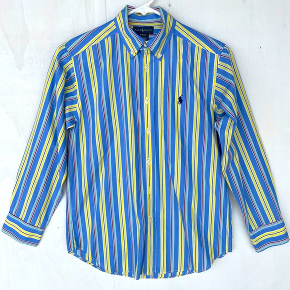 Ralph Lauren boy’s Striped Blue and Yellow button down Shirt SZ M (10/12). - Picture 1 of 11